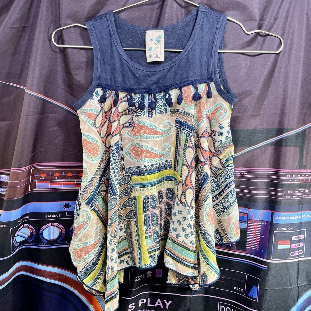 LILY BLEU Butterfly Flow Tank Top Bohemian Paisley Top Teen Girls Size S (7/8)